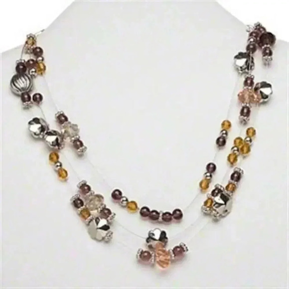 Multi Strand Draped Silver Amber Brown Acrylic and Glass Beaded Necklace - Picture 1 of 1